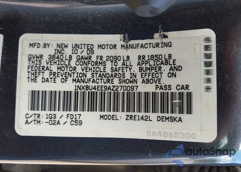 2010 Toyota Corolla S from USA, damaged, VIN 1NXBU4EE9AZ270097